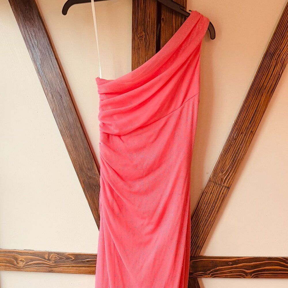Betsy & Adam Salmon Sparkle Floor Length One Shoulder Strap Dress - Picture 7 of 8